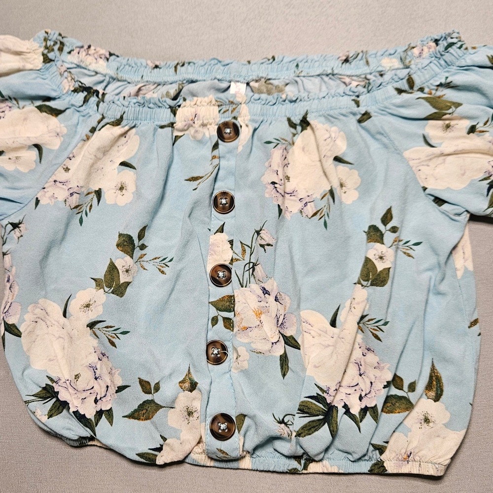 Xhilaration Crop Top Womens XS Blue Floral Off Shoulder Button Front Rayon Boho